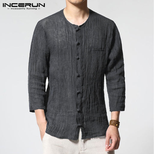 INCERUN Retro Tee Casual Shirts Men's Cotton Crew Neck Three Quarter Thin Tops Shirts Male Solid S-3XL Plus Size Autumn Summer