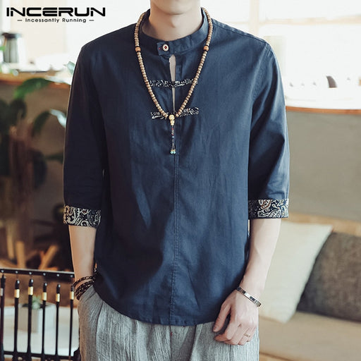Mens Cotton Shirts Stand Collar Button Decor 3/4 Sleeve Floral
