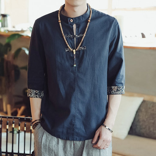 Mens Cotton Shirts Stand Collar Button Decor 3/4 Sleeve Floral