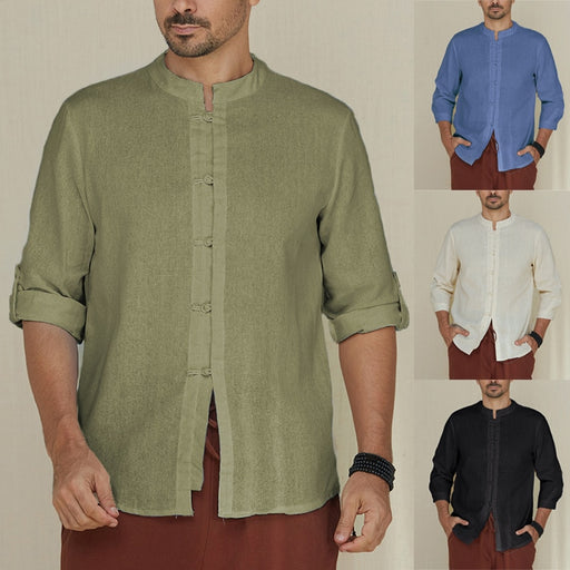 Vacation Boho Men's Shirts Cotton Linen 5XL Folded Sleeve Mandarin Collar Retro Casual Shirt Loose Hombre Camisa White Tops