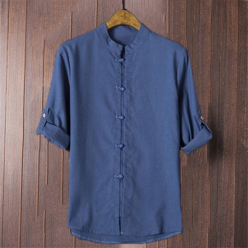 Vacation Boho Men's Shirts Cotton Linen 5XL Folded Sleeve Mandarin Collar Retro Casual Shirt Loose Hombre Camisa White Tops