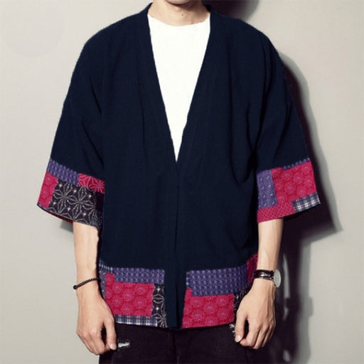 Japan Style Autumn Coat Men's Coat Cardigan Half Sleeve Open Stitch Floral Loose Patchwork Outwear Hombre Shirt Camisa Fashion